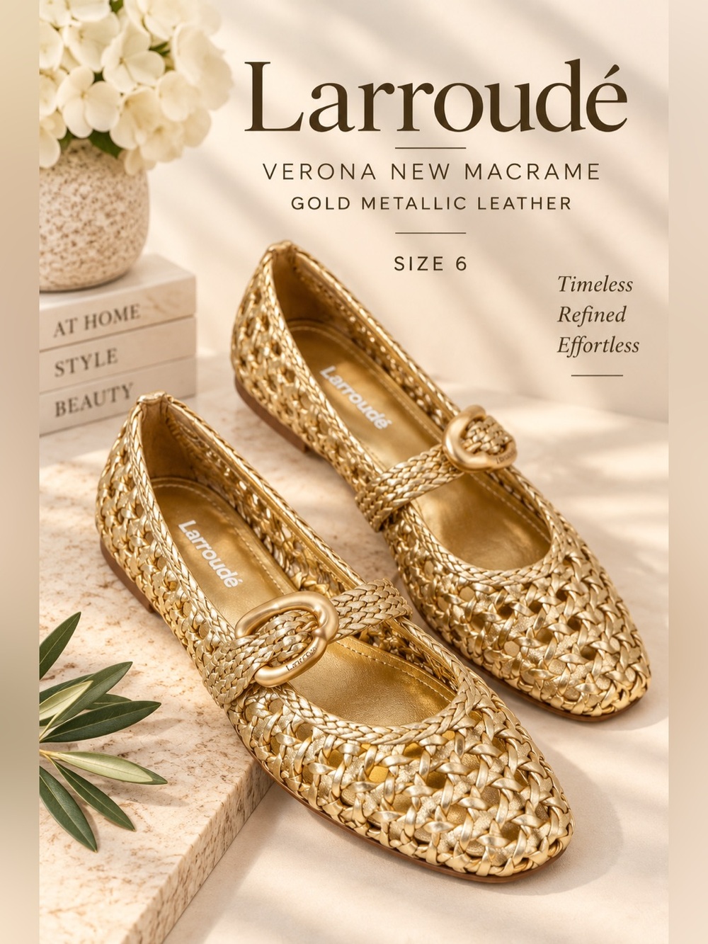 Larroudé Verona New Macrame Gold Metallic Leather Mary Jane Flats Size 6